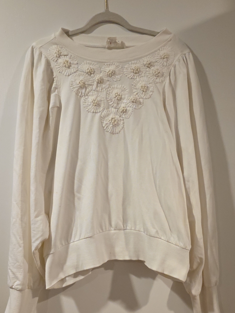 Anthropologie Cream Embroidered Floral Sweatshirt
